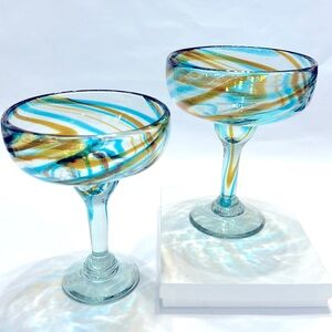 Handblown Mexican Margarita Stem Glasses Turquoise Yellow Gold Swirl Recycled